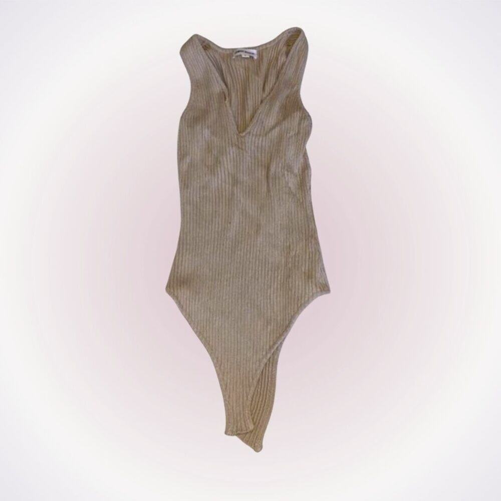 Super Down Neutral Tan V-Neck Ribbed Sweater Bodysuit | Sz S